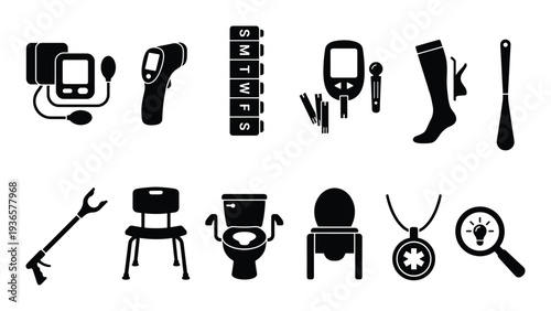 Senior assistance and medical equipment set for home healthcare in simple black color