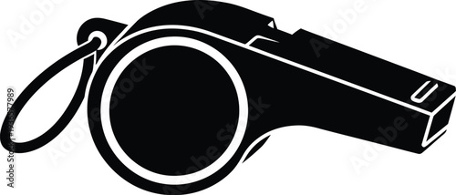 Black silhouette of whistle with lanyard, isolated vector object on transparent background