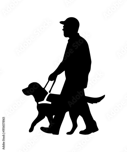 Blind person walking with guide dog silhouette