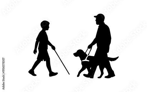 Blind person walking crossing the street with guide dog silhouette