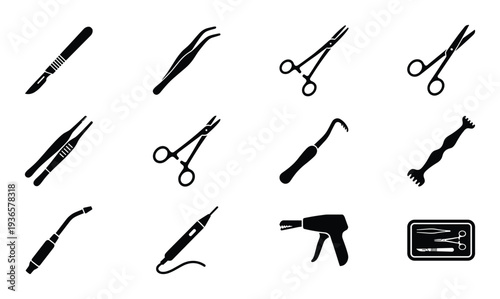 Surgery tools set vector line style scalpel tweezers scissors and other instruments for operation