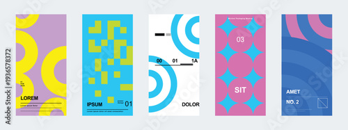 Set of five vertical banners with bold geometric patterns in bright blue pink and yellow colors for modern mobile application layouts