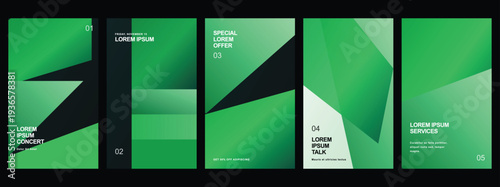 Set of five professional vertical banners with green gradient geometric shapes and dark backgrounds for corporate business presentations and marketing brochures