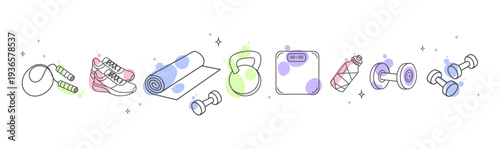 Minimal fitness line icons set with gym equipment including dumbbells running shoes yoga mat water bottle scale and workout accessories for sport health and training design. Vector illustration