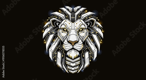 Majestic robotic lion head with glowing circuits and gold accents