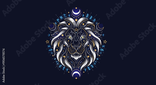 Majestic lion's head with celestial symbols and stars