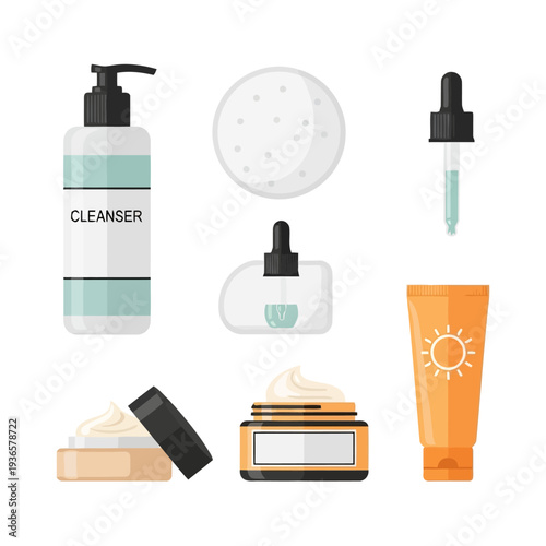 Assorted skincare products arranged neatly on a clean surface, including cleanser, moisturizer, and serum, showcasing a daily skincare routine from a straightforward viewpoint