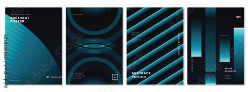 Set of four dark abstract posters with teal blue glowing circular arcs and diagonal stripes for modern corporate brand identity designs