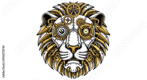 Steampunk lion head with gears and mechanical details