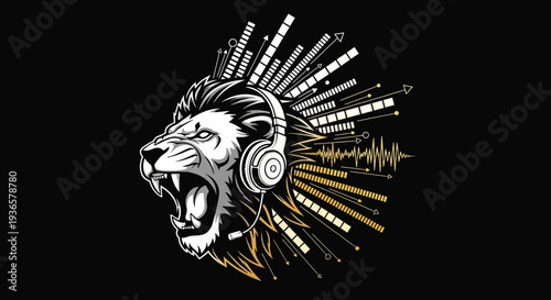 Lion head with headphones and sound waves illustration