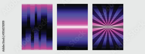 Set of three abstract posters with vibrant purple and pink neon gradients featuring vertical bars horizontal glow and radial sunburst patterns