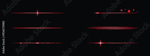Set of red horizontal lens flares and light streaks with glowing sparkles on a black background for cinematic special effects