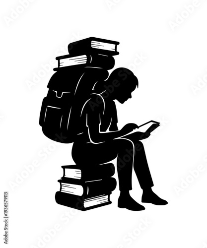 Girl student silhouette with backpack sitting and focused on reading a book, education and learning