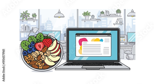 A healthy snack bowl with fruits, nuts, and greens next to a laptop displaying a website design in a modern office setting.