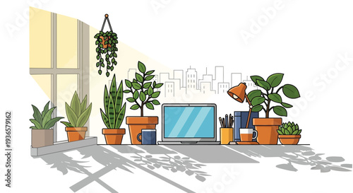 A cozy and green home office workspace with various potted plants, a laptop, and a desk lamp, illuminated by natural sunlight from a window.