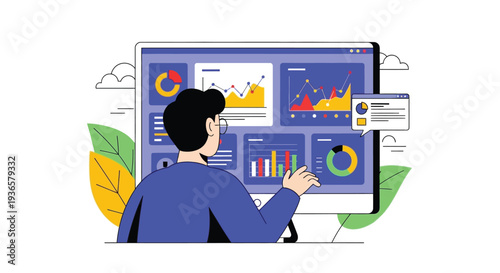 Person analyzing business data and financial reports on a computer dashboard with various charts and graphs.