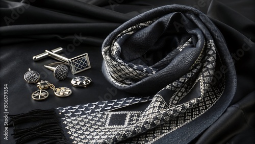 Geometric Patterned Knitted Scarf and Cufflinks Displayed Artfully
