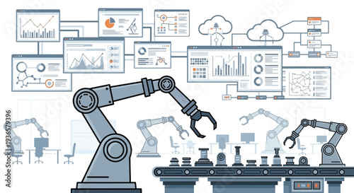 An illustration of a smart factory with robotic arms on an assembly line, connected to a complex network of data analytics dashboards and cloud computing infrastructure.