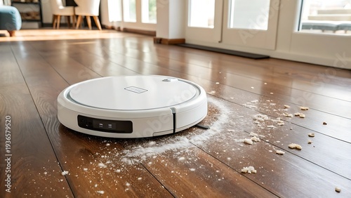 White Robotic Vacuum Cleaner Sweeping Dust on Wooden Floor