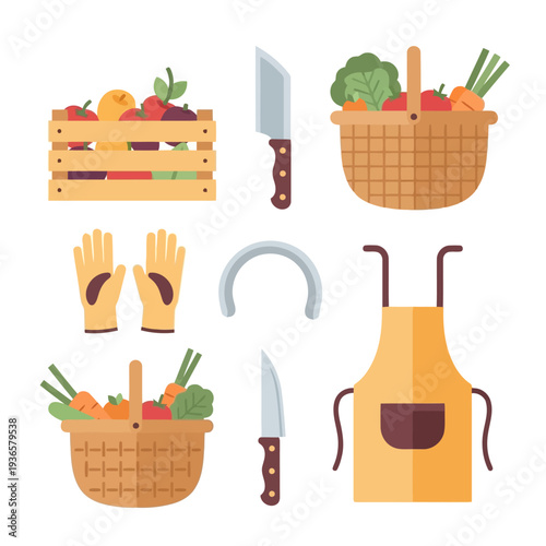Assorted gardening tools and fresh produce displayed in baskets and apron