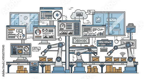 Illustration of a modern automated factory production line with robotic arms, conveyor belts, and multiple computer screens displaying data, analytics, and control panels for smart manufacturing.