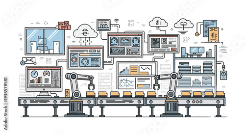 Detailed illustration of a smart factory with automated robots, conveyor belts, data monitoring, and cloud computing for modern industrial manufacturing.