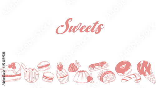 Horizontal template with hand drawn border of sweets. Banner with treat theme. Vector graphics