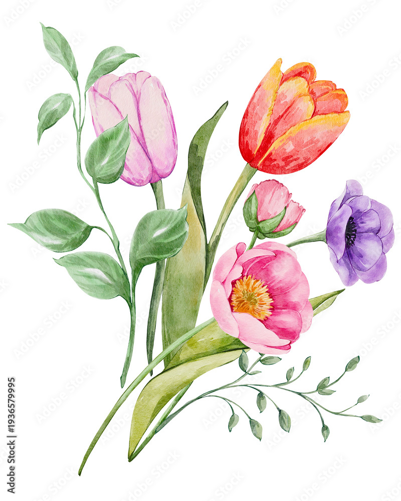 Fototapeta premium Watercolor spring hand drawn colorful floral bouquet summer flower arrangements 