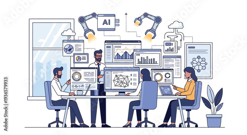 A team of professionals collaborating on data analysis and artificial intelligence projects in a modern office environment with advanced technology.