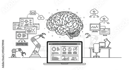 Conceptual illustration of artificial intelligence, machine learning, and data processing with a central brain, robotic automation, and digital interfaces.