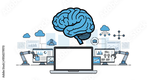 Illustration of artificial intelligence, machine learning, and automation with a brain, computers, and robotic arms processing data in a cloud environment.