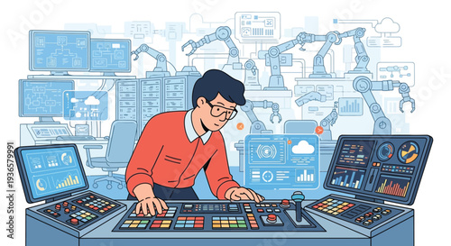 An engineer operates a complex control panel managing robotic automation, data systems, and cloud computing infrastructure in a high-tech industrial environment.