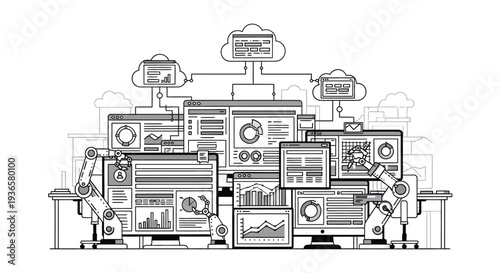 A complex digital ecosystem illustrating data analysis, cloud computing, automation, and interconnected business intelligence systems with robotic assistance.