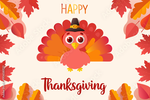 A cheerful cartoon turkey surrounded by colorful autumn leaves for thanksgiving
