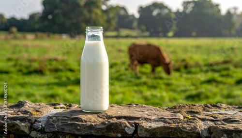Fresh Organic Milk in Glass Bottle on Stone Wall with Dairy Cows Grazing in Background