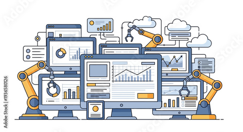 Automated data analysis and processing across multiple computer screens with robotic arms.