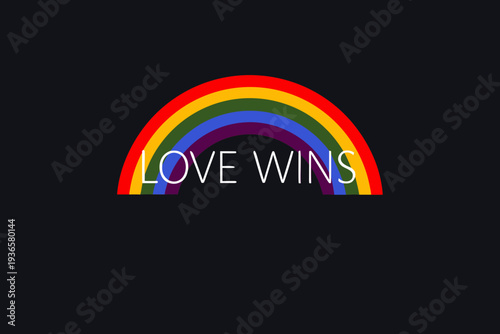 A vibrant rainbow arc with the message love wins displayed prominently
