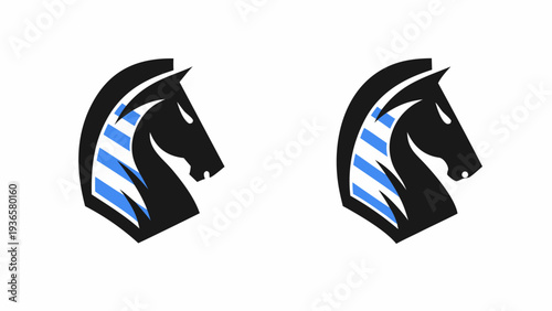 Two stylized horse head logos with blue and black coloring