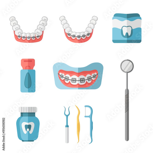 Dental care illustration featuring teeth, orthodontics, and dental tools in a clean and simple design from a straightforward viewpoint