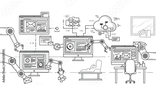Detailed line art illustration of automated digital workflow with robotic arms, computers, and cloud computing infrastructure.