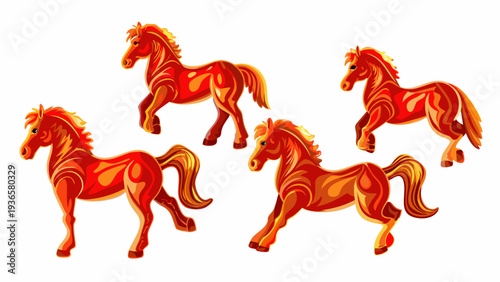 Four fiery horses depicted in dynamic swirling illustrative poses