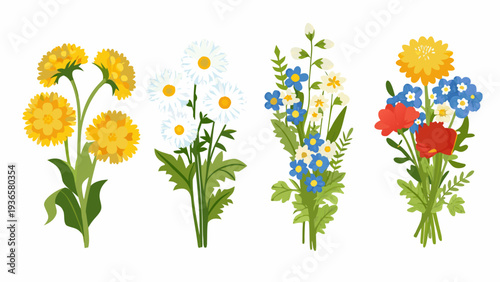 Colorful floral arrangement featuring daisies poppies and other wildflowers