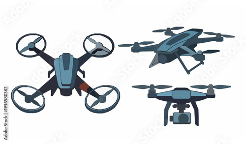 Drone vector set with quadcopter, racing drone, and camera drone illustrations