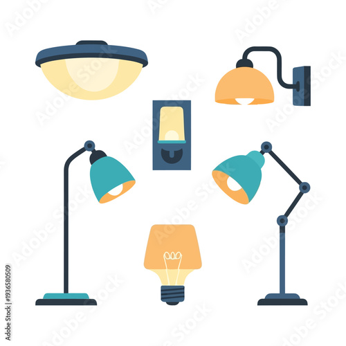 Various lamps and lighting fixtures arranged in a graphic illustration featuring lampshades, stands, and a glowing lightbulb