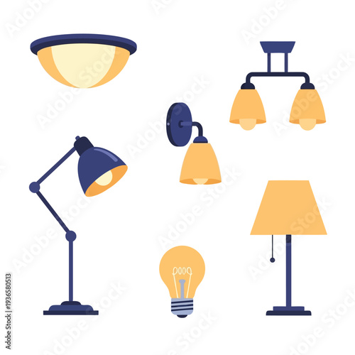 Collection of modern desk lamps and ceiling fixtures displayed in a studio setting with various lighting elements.