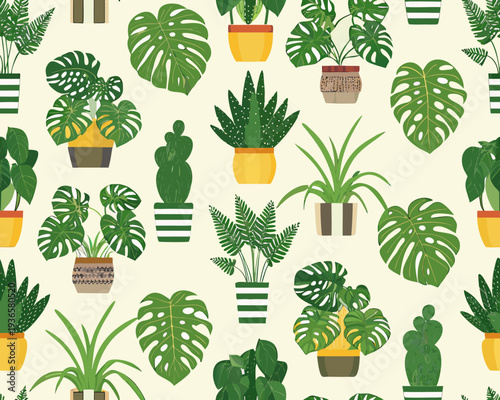 Seamless pattern featuring various potted houseplants on a cream background