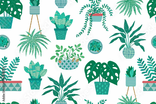 A seamless pattern featuring various potted houseplants on a white background