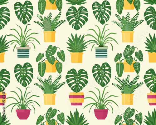 A vibrant repeating pattern of various potted tropical houseplants