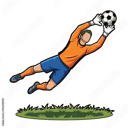 Dynamic illustration of a determined soccer goalkeeper in full stretch, making a critical save with the ball in hand, showcasing agility and defense in a sports match Vector Design Illustration.