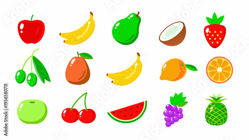Colorful assortment of cartoon fruits displayed on a white background